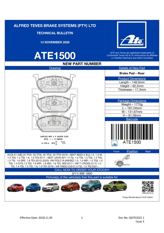ATE1500 NEW! Brake Pad for AUDI A1 2018-; SEAT IBIZA 2017-; SEAT LEON (2012-2020); VW POLO VI 2017-; VW T-CROSS 2018-; VW TAIGO 2021-. featured image